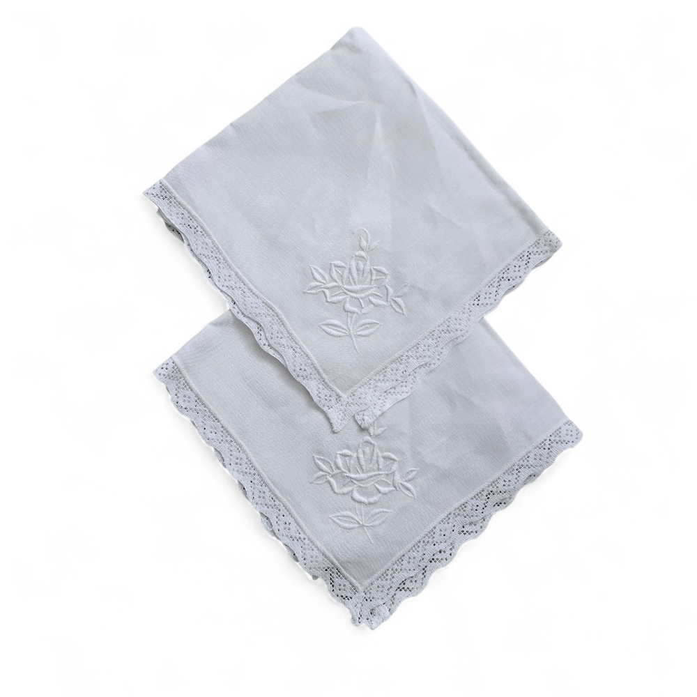 Vintage White Linen Handkerchief or Napkin – Embroidered Floral Lace 17x17 - Picture 2 of 4